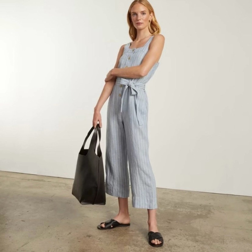 100% Linen Blue And White Striped Cropped Jumpsuit Size 2 Relaxed Travel Casual